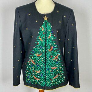 Vtg Jenna 100% Wool Christmas Tree Jacket Blazer Sz 14 Beaded Embroidered Event